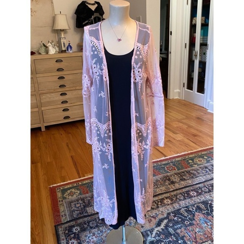Haute Monde Pink Floral Embroidered Mesh Lace Duster Cardigan Maxi HMU20183 L
